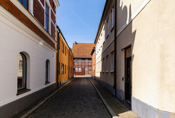 Narrow streets of the old town with colorful houses.