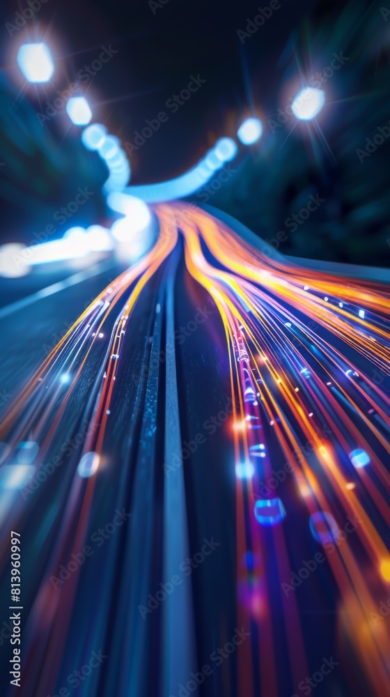 Poster Long exposure of colorful light trails in a tunnel