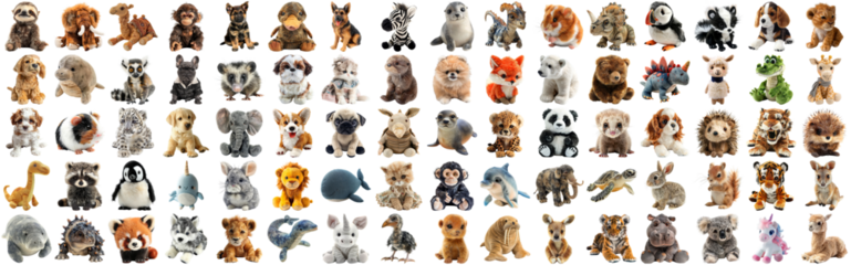 Big set of cute fluffy animal dolls for nursery and children toys, many animal plush dolls photo collection set, isolated background AIG44