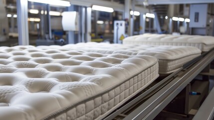 Fototapeta premium Row of newly manufactured mattresses on a conveyor belt in a large factory setting.