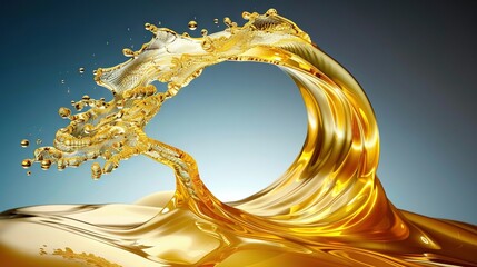   A yellow liquid splashes from a blue-and-white wave onto a blue sky background