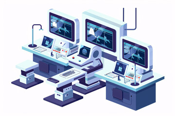 2d icon of an advance futuristic IT scan machines and computer for research science, light blue color and isolated in white background