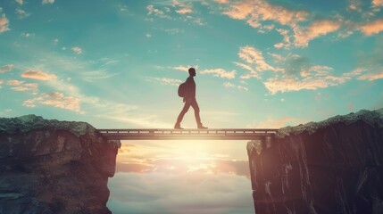 Businessman walking over gap in bridge on megapolis city view background. Business and challenge concept.