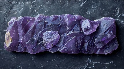   A lump of purple stone sits atop a black countertop, adjacent to another lump of purple stone