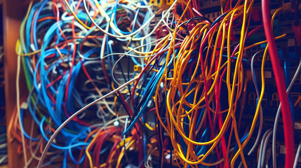 A messy array of multicolored electrical wires tangled in an electronics panel.