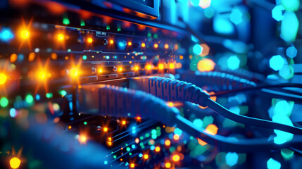 Vivid image of a network server with cables connected, glowing in hues of blue and orange.