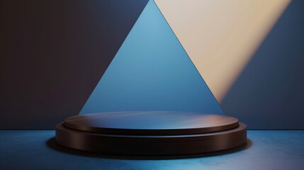 Minimalist mockup of dark brown cylinder podium stand for product showcase with blue triangle background