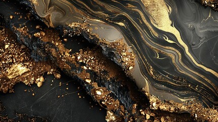   A close-up of a black, gold, and white marble with gold flecks
