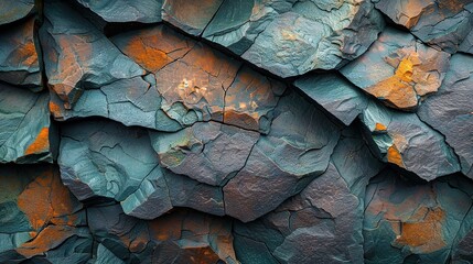   A close-up of a rock formation adorned with orange and blue paint on its sides, featuring a bird perched atop one of the rocks
