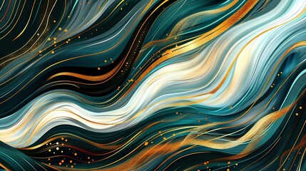   A photo of a close-up abstract painting that features golden and blue swirls and dots against a monochromatic background