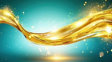   Golden liquid on blue background, blurry light top wave