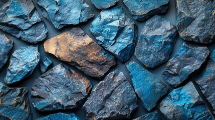   Blue-rock pile sits atop wooden table with black-yellow clock beside it