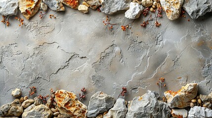   A rocky mound adjoining a tall wall with an accumulation of boulders above it