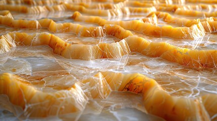   A close-up of various foods on a table, covered with plastic wrap on the edges