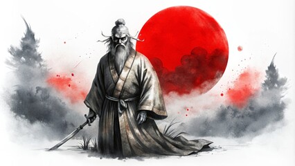 Watercolor illustration of Samurai and big red sun. Traditional Japanese ink wash painting