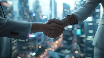 Close-up of a woman and man signing a deal and shaking hands in the skyscraper office. CEO and investment associate shake hands on financial opportunity.