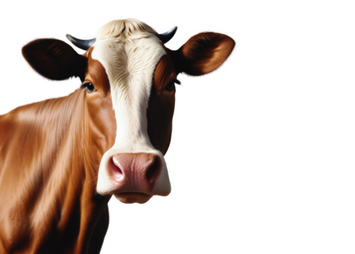 Cow face on isolated transparent background PNG. Beautiful cow face on white background with space for text. Space for copy. Heifer in brown color. Animal concept. Social media, presentation, website
