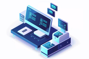 2d icon of an advance futuristic IT scan machines and computer, light blue color and isolated in white background