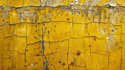 Close-up of a vibrant yellow cracked paint texture on a weathered surface with visible aging details.
