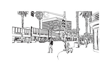 Fototapeta premium Print Building view with landmark of Santa Monica is the city in Los Angeles County. Hand drawn sketch illustration in vector.