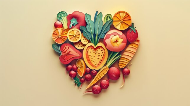 A papercut illustrating a heart made of fruits and vegetables, symbolizing heart health, minimalist flat lay style.