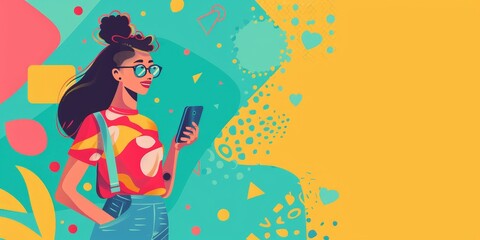 A young woman is standing in front of a colorful background. She is wearing a casual outfit and has her hair in a bun. She is looking at her phone and smiling.