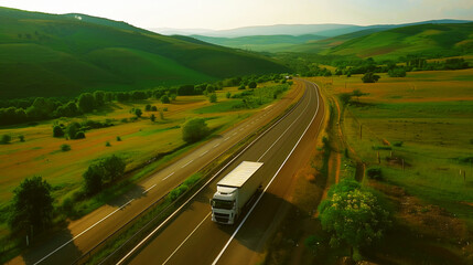 Aerial view of a truck driving on a curving highway through verdant rolling hillsides and fields at sunset.