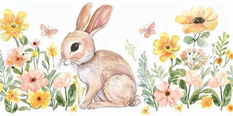 Cute bunny rabbit in a meadow of yellow and pink flowers.