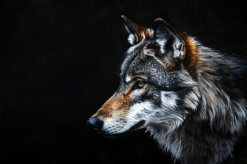 Close up of a wolf's face on a black background. Suitable for wildlife or animal themed projects