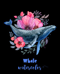 Whale surrounded by pink flowers on black background