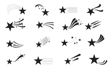Sparkle star and Shooting star icon set vector. Shooting star icon on white background. Abstract silhouette shooting star. Flying comet with tail and vector illustration.