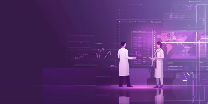 Two scientists in lab coats are working on a project in a laboratory with futuristic technology.