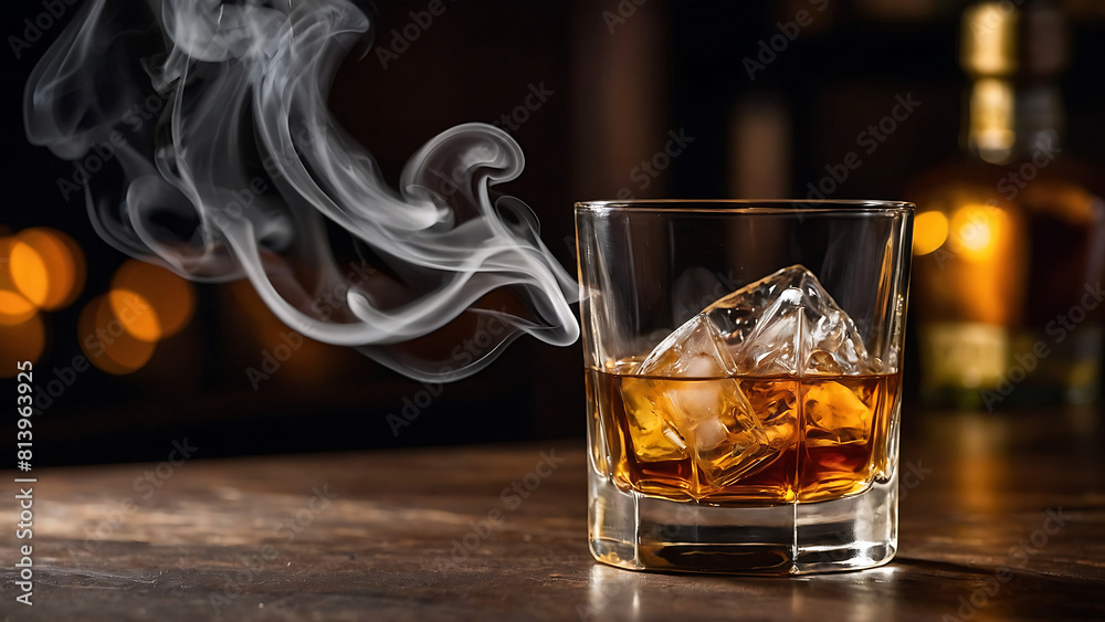 Wall mural whiskey drink in a glass with smoke coming out of the top of the glass on a bar table