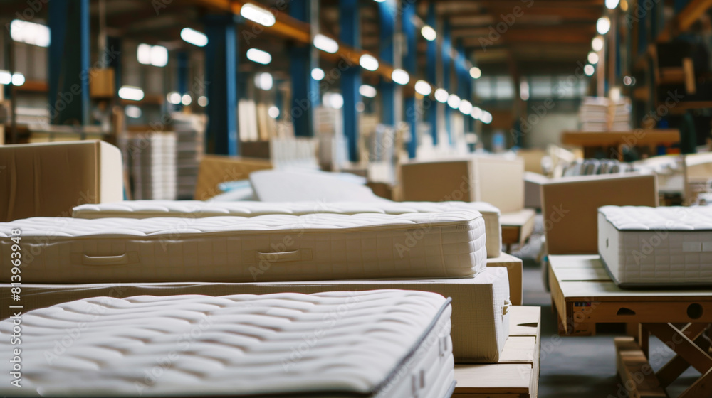 Wall mural rows of new mattresses lined up in a spacious factory warehouse with warm lighting.