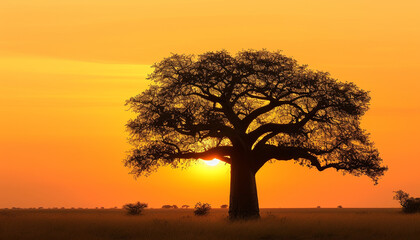 A high-resolution image the unique silhouette of a lone baobab tree in the African savanna, standing tall and isolated against a golden sunset