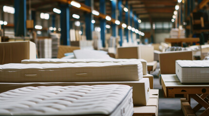 Rows of new mattresses lined up in a spacious factory warehouse with warm lighting.