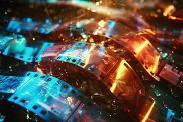 A close up of a film strip on a table. Perfect for showcasing photography or film-related themes
