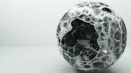 A captivating 3D rendering showcases an abstract black and white art piece featuring a damaged spherical shape resembling planet Earth the moon or an asteroid The surface of this entity is 