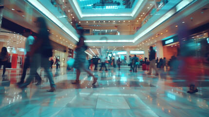 Fototapeta premium Blurry motion image of a busy indoor shopping mall with multiple levels and shoppers walking.
