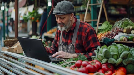 Middle-aged street vendor working on a laptop while sitting in a farmers market stall with fresh natural agricultural products. Businessman contacting supply stores online.