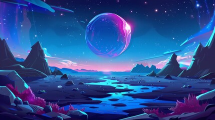 An alien planet surface illuminated by a glowing celestial body. Cartoon modern distant outer space landscape with cosmic land, rocks and roads, magic plants. Cosmic landscape.