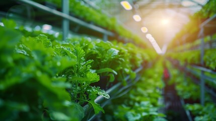 Aerial view of modern vertical farm with multiple rows and layers of eco-friendly plants growing under artificial UV lighting. Fresh green vegetable leaves production facility.