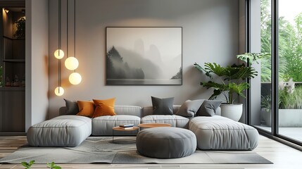 Scandinavian living room. Grey sofa, armchair and carpet. Wooden coffee table. Big windows with a lot of light.