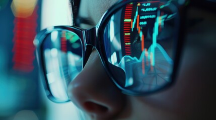 Macro image of woman working using computer Concept of business technology and bullish stock market. Stock market graph reflected on glasses. Focus on a specific point - Powered by Adobe