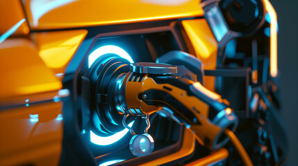 Fototapeta premium Futuristic robotic arm with glowing blue light elements, featuring metallic and yellow details.