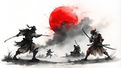 Obraz premium Watercolor illustration of Samurai battles Traditional Japanese ink wash painting 