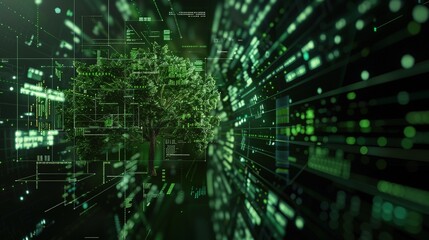 The holographic green virtual interface combines complex financial data with a rousing tree-shaped green energy pattern. Shows the integration of business and environment.