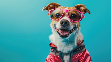 A smiling cute dog wearing a motor racer suit and sitting on the blue color background
