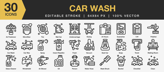 Set of 30 Car wash icon set. Editable Stroke Icon Collection. Includes tire, drying, soap, oil, car wax, microfiber and More. Outline icons vector collection.