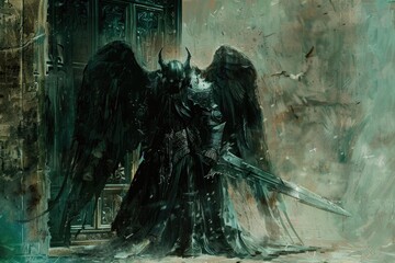 A powerful angel holding a sword. Suitable for religious and fantasy themes